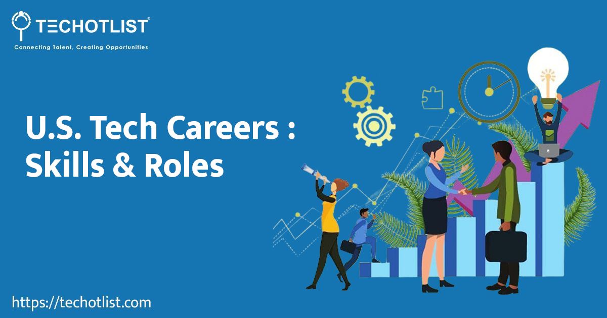 U.S. tech career paths illustration showing professionals exploring skills, stacks, and specializations in a growing job market.