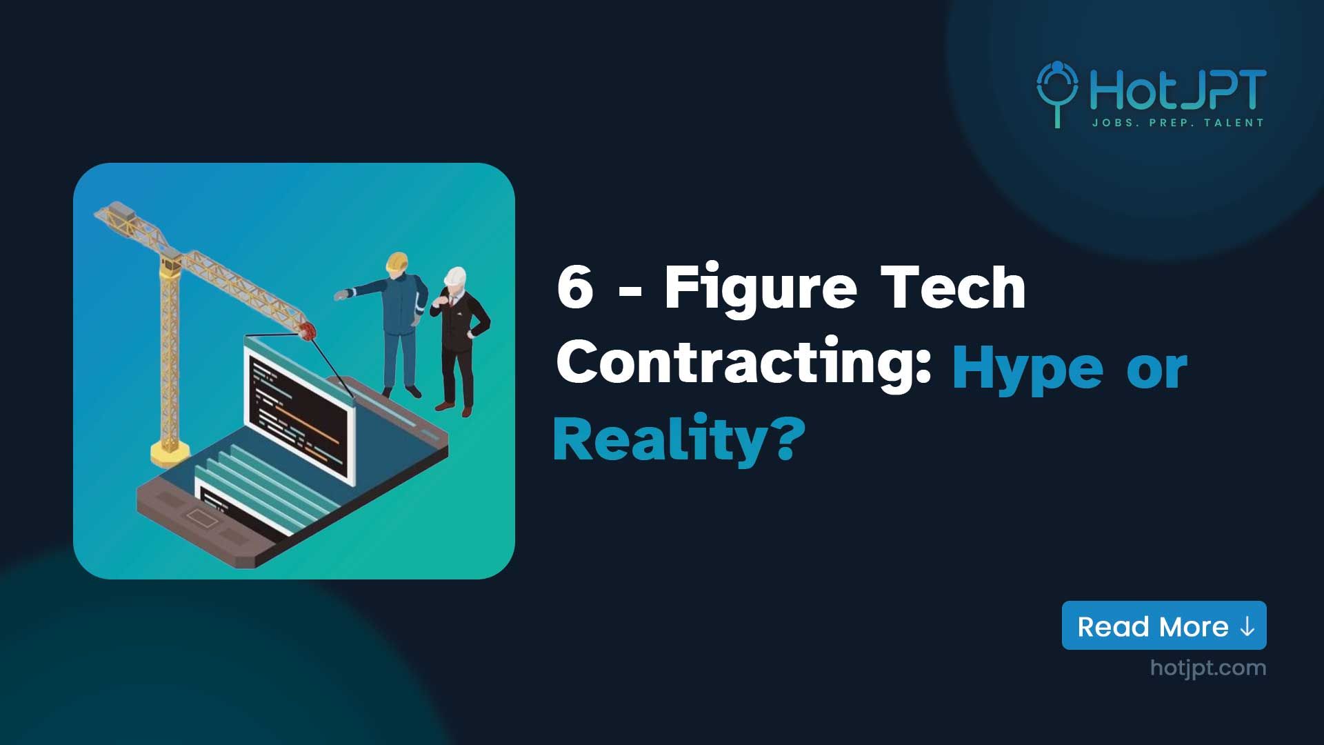 Six-figure tech contracting – hype or reality? An Image of tech professionals and a crane building software on a giant smartphone, representing 6-figure tech contracting opportunities.