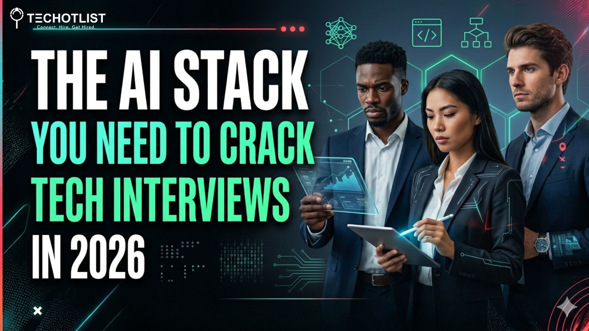 The AI Skills That Get You Interview Calls in 2026 Professionals reviewing AI tools and workflows with text overlay ‘The AI Stack You Need to Crack Tech Interviews in 2026