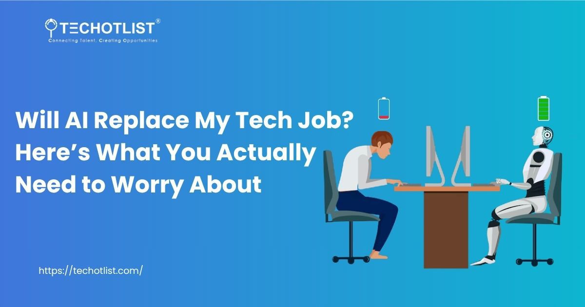 Illustration showing a human and a robot working at computers, with battery icons representing their energy levels, highlighting concerns about AI replacing tech jobs