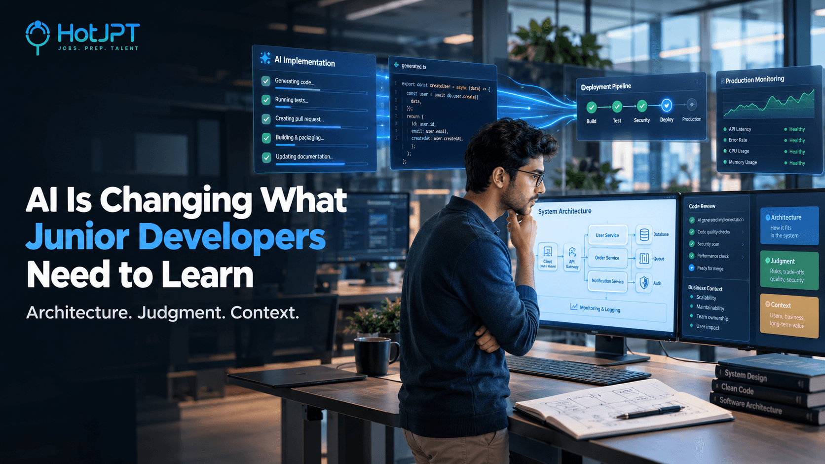 AI Is Changing What Junior Developers Need to Learn Illustration of a junior developer using AI while focusing on architecture, judgment, and business context