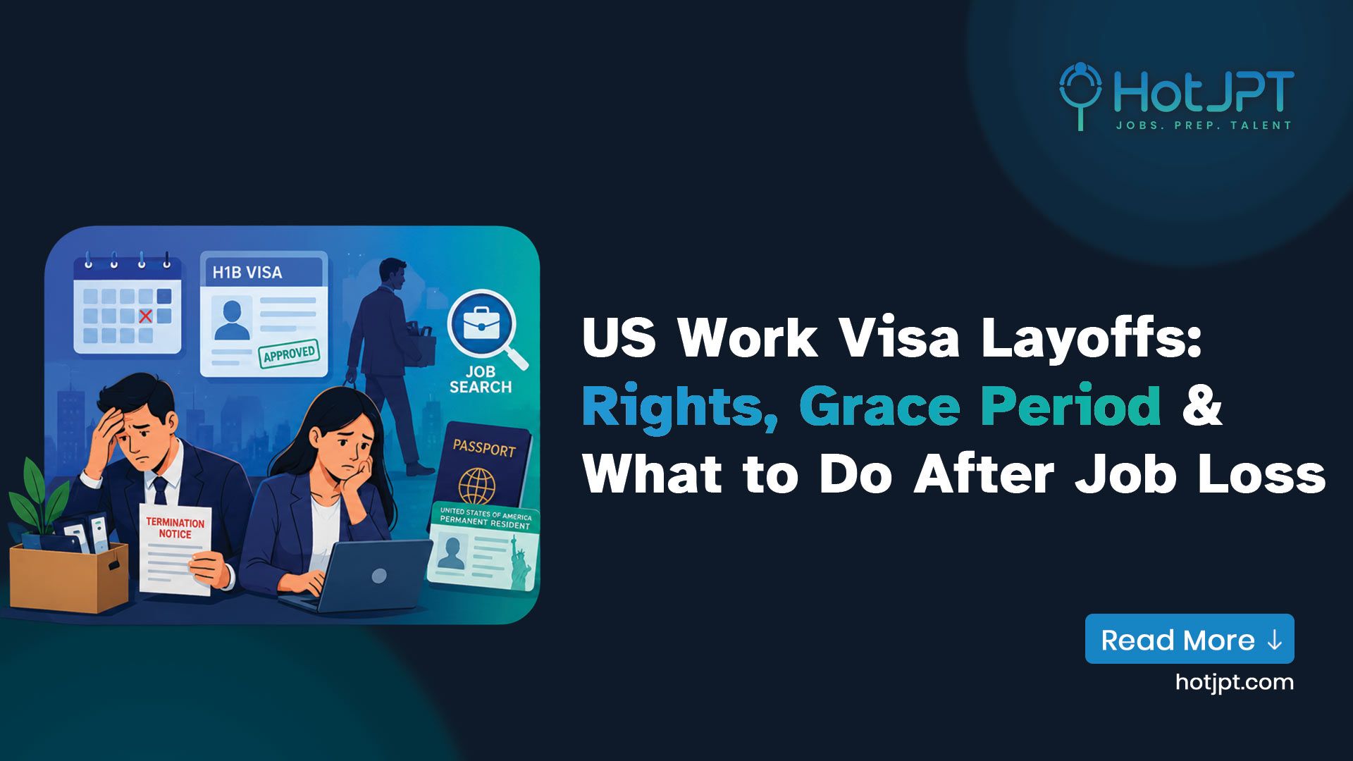 US Work Visa Layoffs: Rights, Grace Period & What to Do After Job Loss US work visa layoffs showing stressed professionals with text about rights, grace period, and what to do after job loss