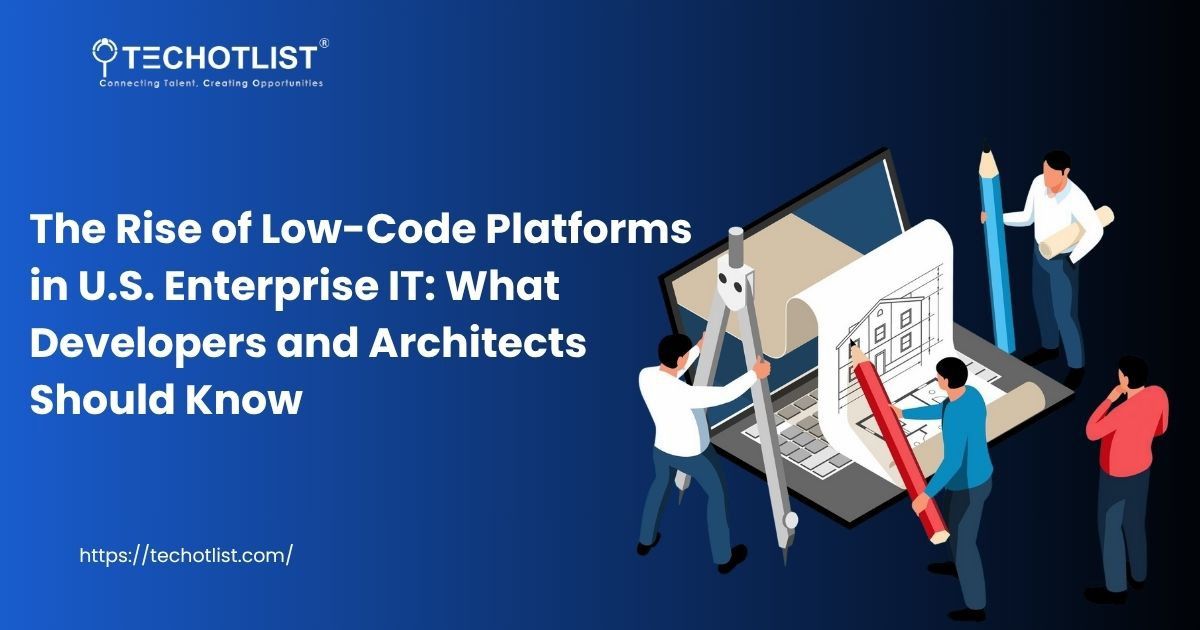 Illustration of developers and architects working with low-code tools in a U.S. enterprise IT setup.