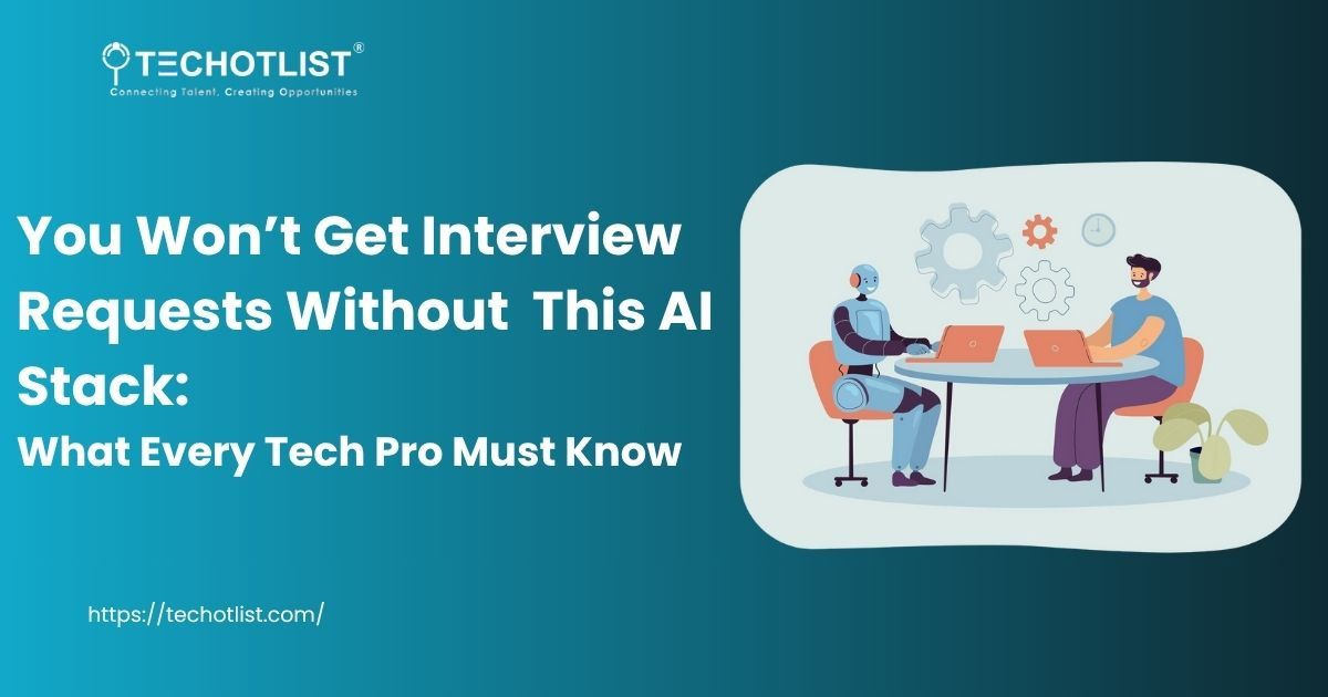 AI-powered tech interview stack essentials visual with robot and human working together, promoting key skills for job seekers in AI, LLM, OpenAI, and automation.