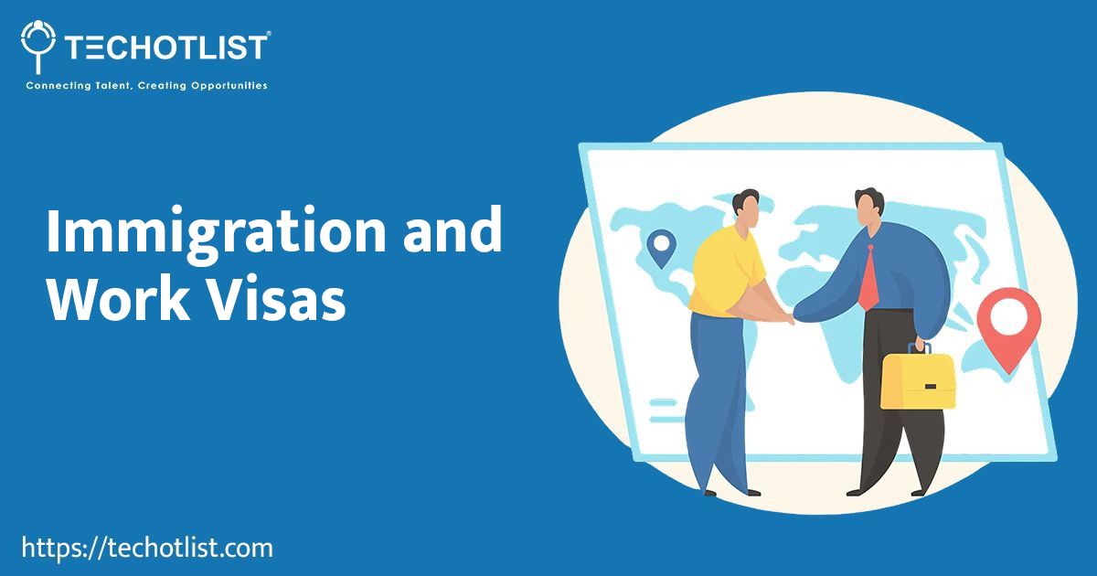 Immigration and global work options for tech professionals – TechoTlist blog graphic showing professionals connecting across countries on a world map backdrop