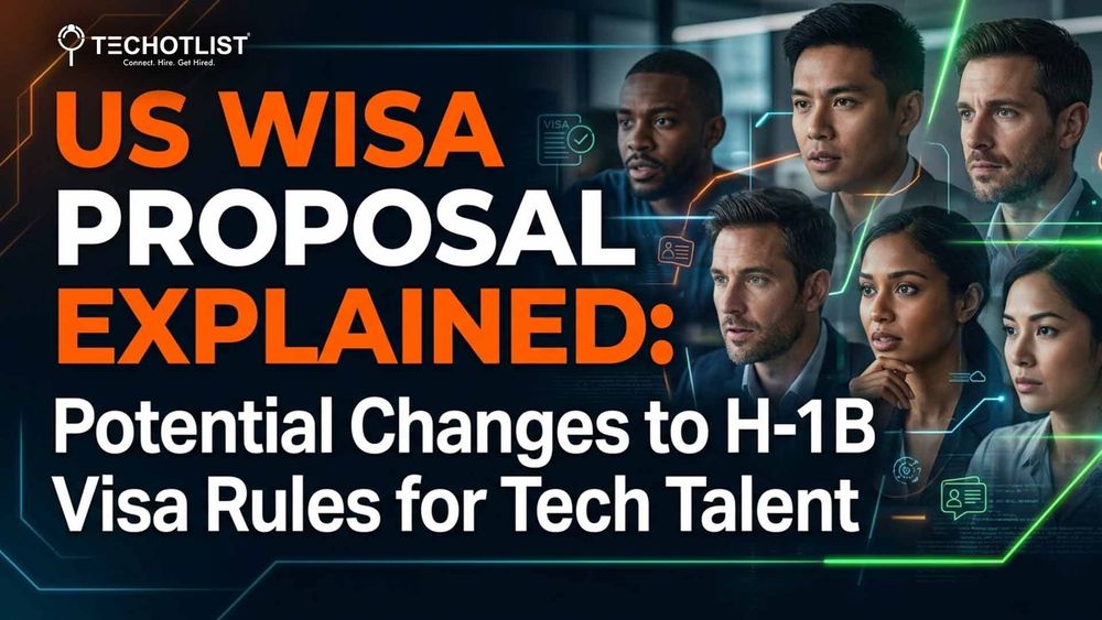 WISA Act & H-1B Visas: What Tech Workers Need to Know Banner graphic titled “US WISA Proposal Explained: Potential Changes to H-1B Visa Rules for Tech Talent,” showing a group of diverse tech professionals looking forward with digital interface elements and visa icons in the background, with the Techotlist logo in the corner.